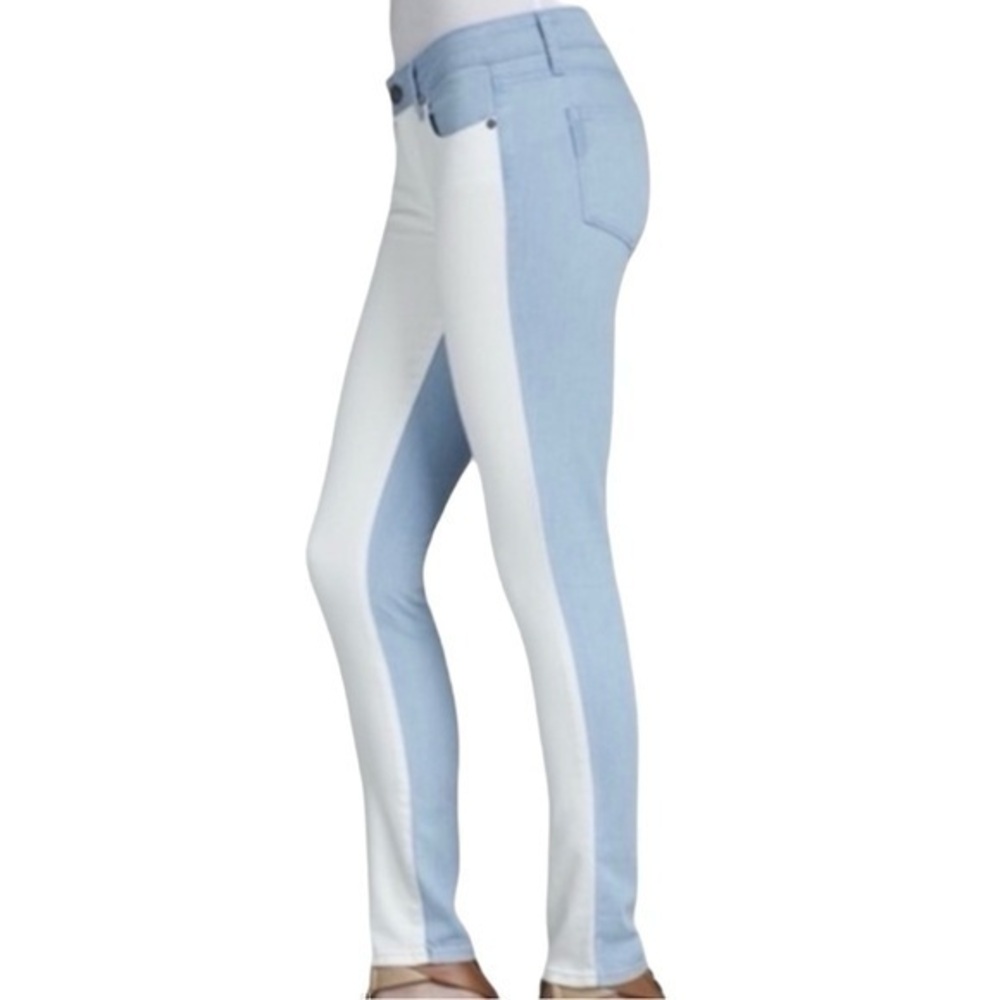 PAIGE Two-Tone Light Blue and White Skinny Jeans